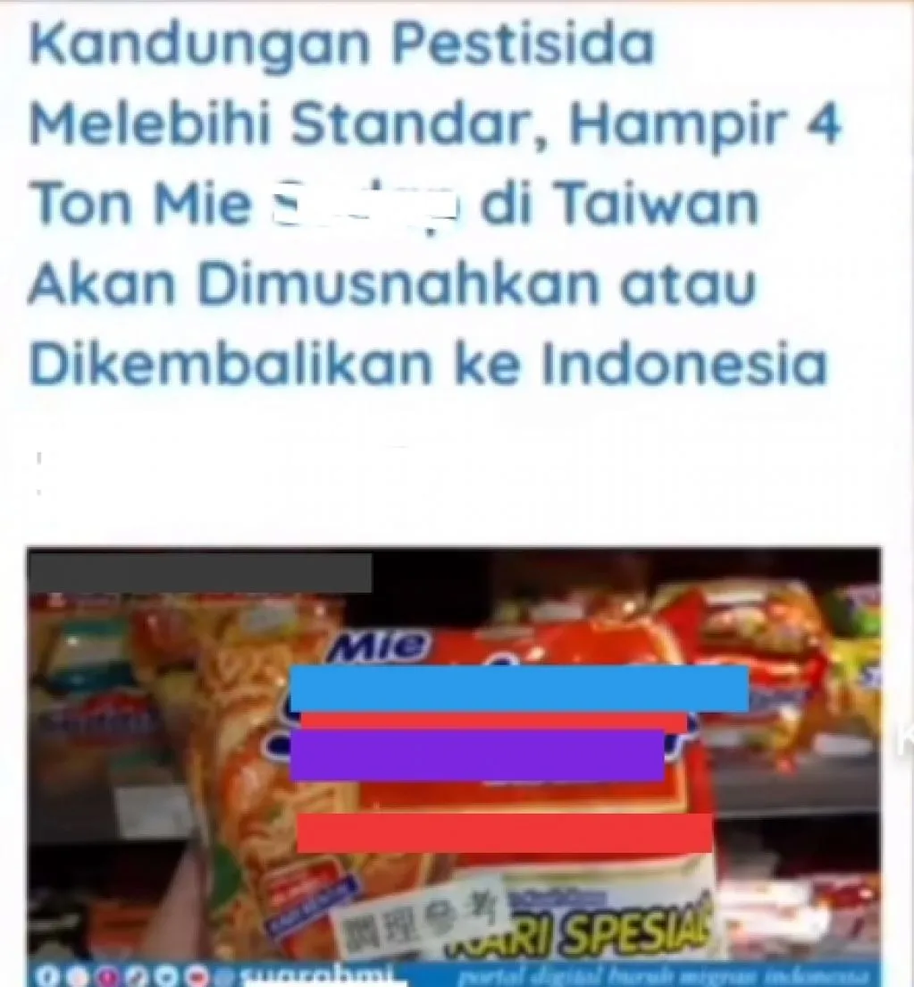 Kandungan Pestisida terlalu banyak Mie instan Indonesia ditolak masuk Taiwan.