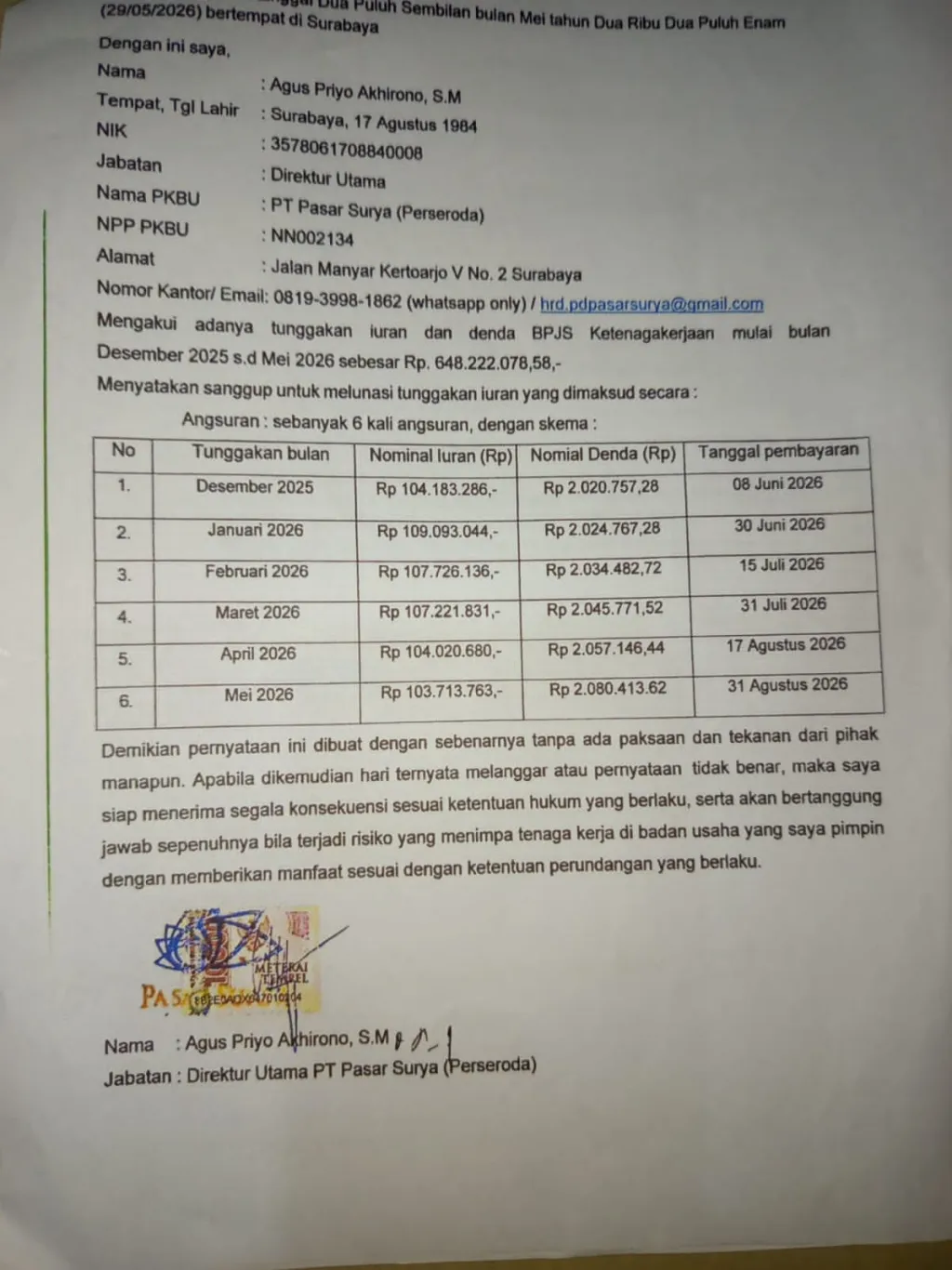 Janji Pelunasan Berakhir, Status Tunggakan BPJS PT Pasar Surya Rp648 Juta Dipertanyakan