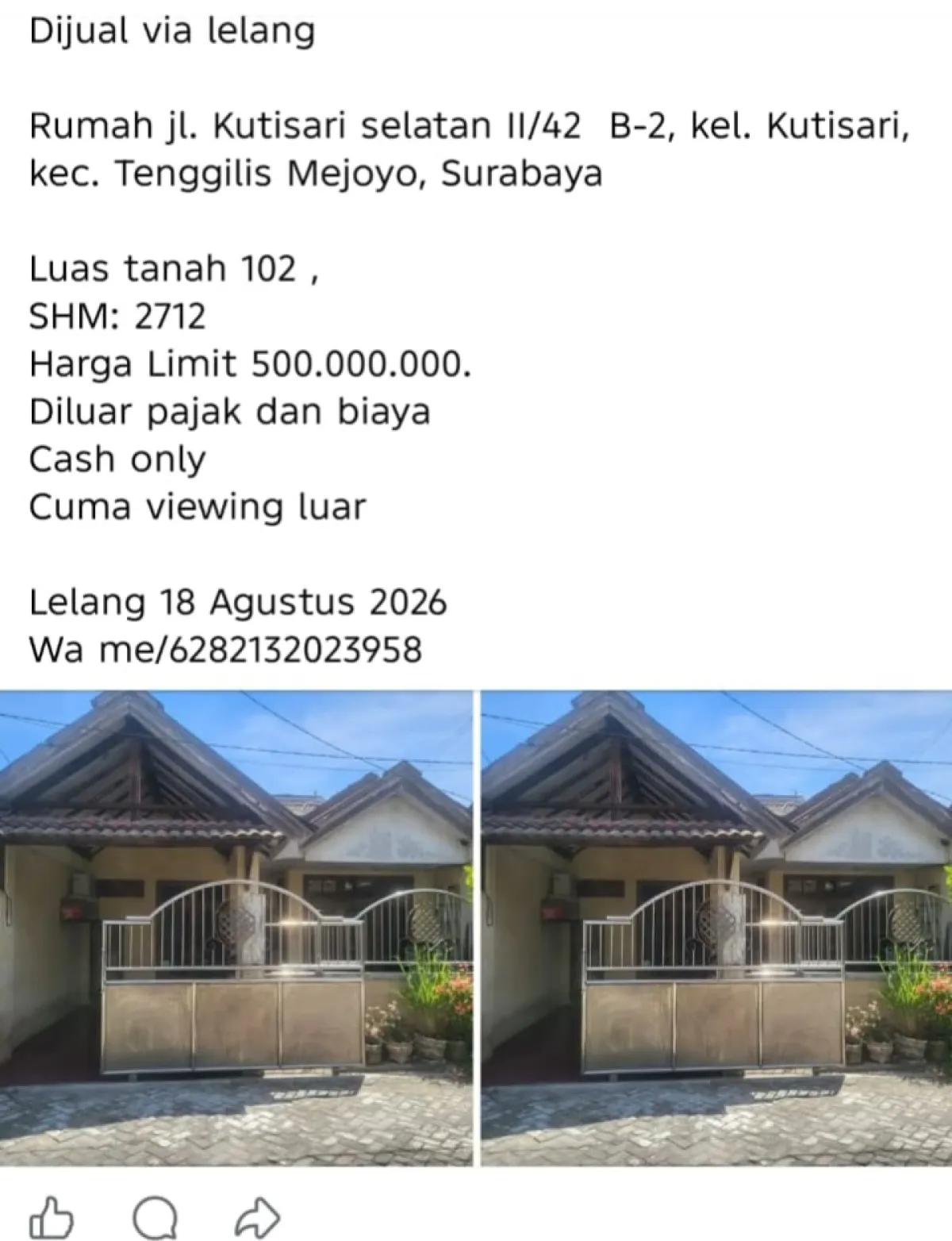 Lelang  Jalan Kutisari Selatan II/42-B.2, Kelurahan Kutisari, Kecamatan Tenggilis Mejoyo, Kota Surabaya, yang dirilis di Facebook.