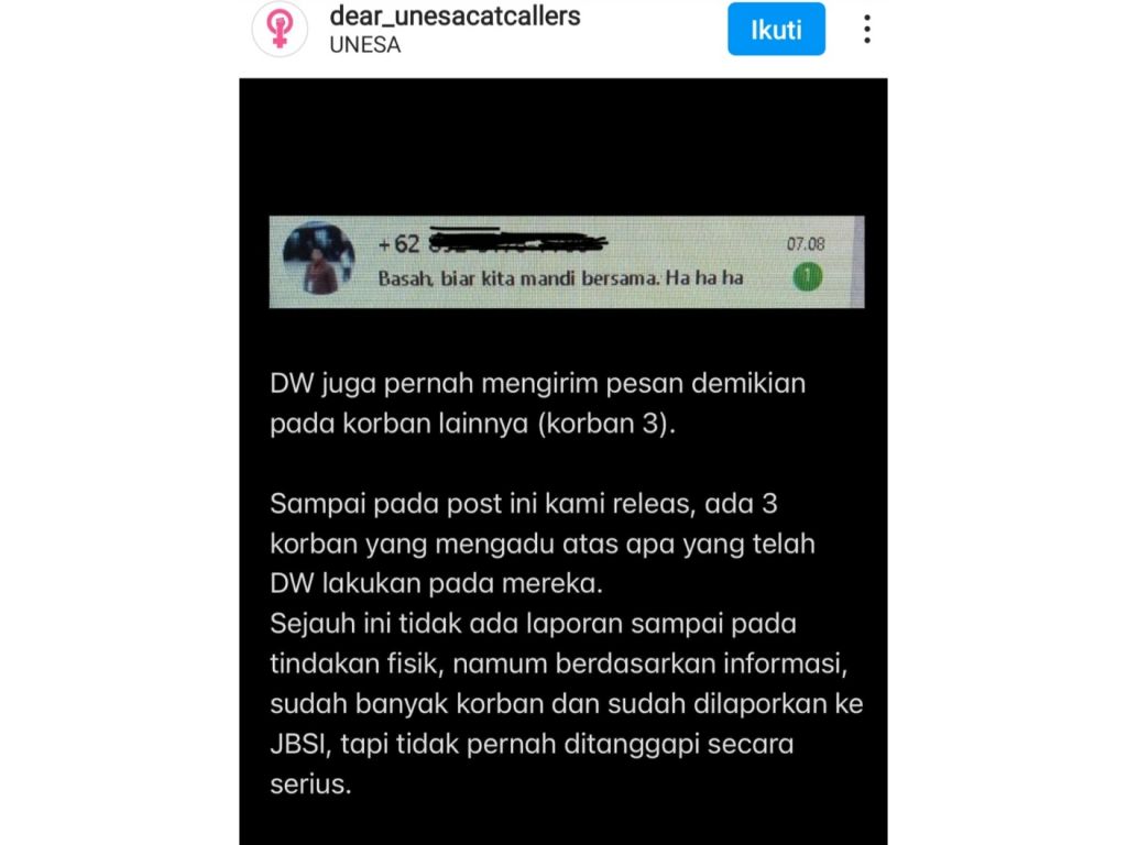 Chat Pak Dosen pada mahasisiwinya juga diunggah akun Instagram @dear_unesacatcallers