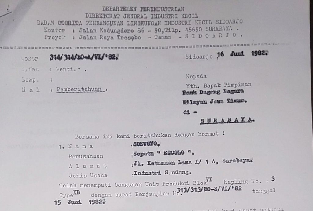 Surat dari Departemen Perindustria di tahun 1982.